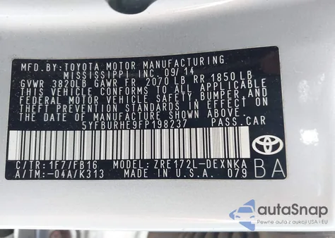 2015 Toyota Corolla Le/Le Plus/Le Premium from USA, damaged, VIN 5YFBURHE9FP198237